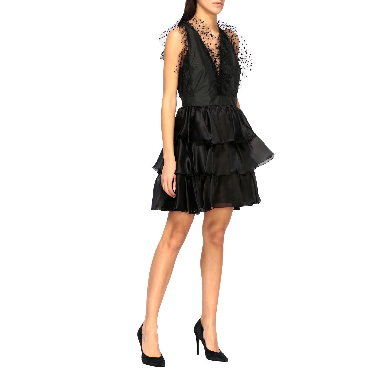 Giamba Outlet: dress with polka dot tulle ruffles - Black | Giamba dress  PGCA5003 18TAF online on 