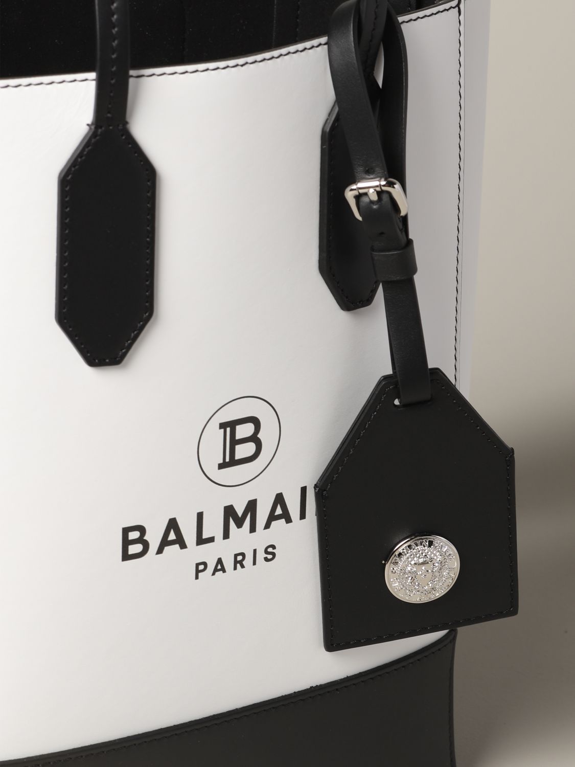 Balmain Outlet S tote bag in bicolor leather with logo print White