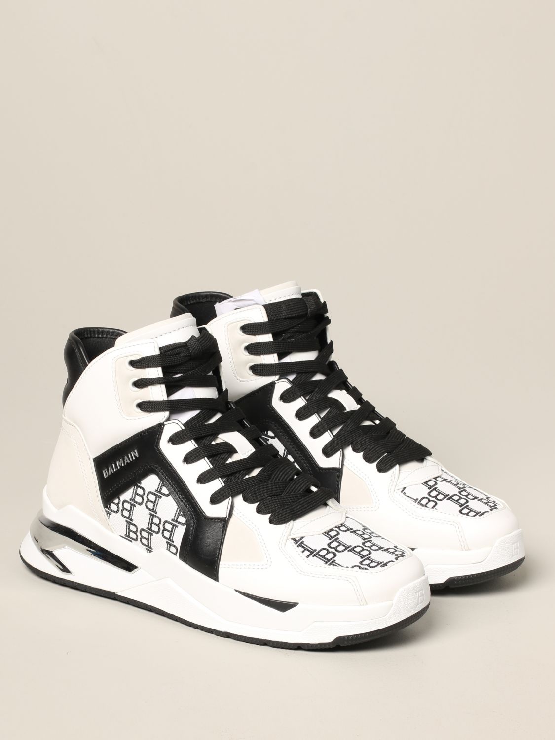 BALMAIN: high sneakers in bicolor leather with all over B print ...
