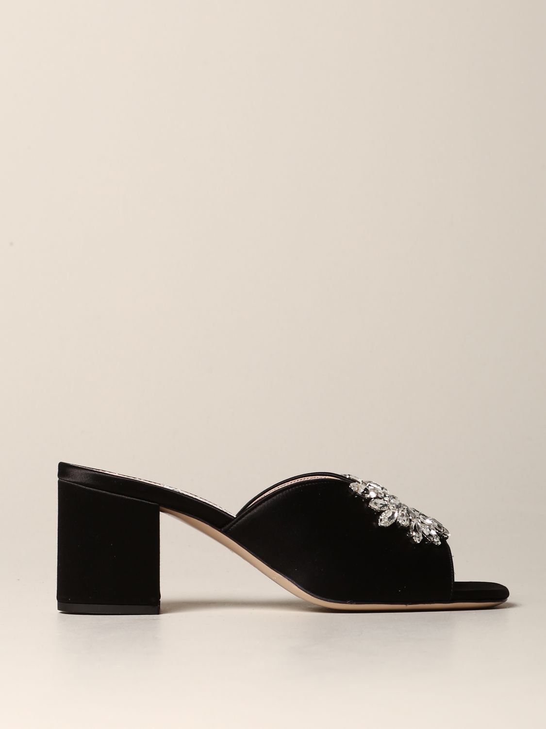 Sandalen mit Absatz Miu Miu: Miu Miu Sandale aus Satin mit Strass Steinen schwarz 1