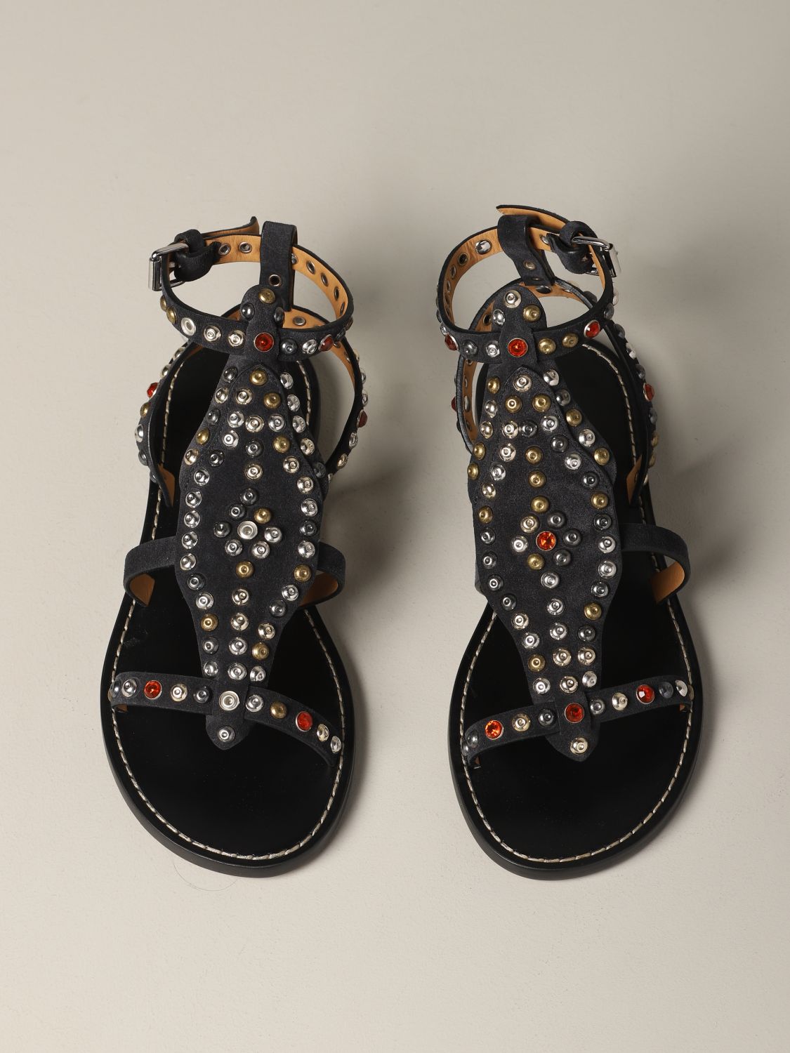 Isabel Marant Outlet: sandal in leather with studs and rhinestones | Flat Sandals Isabel Marant Women Black | Sandals Isabel Marant SD049420P016S GIGLIO.COM
