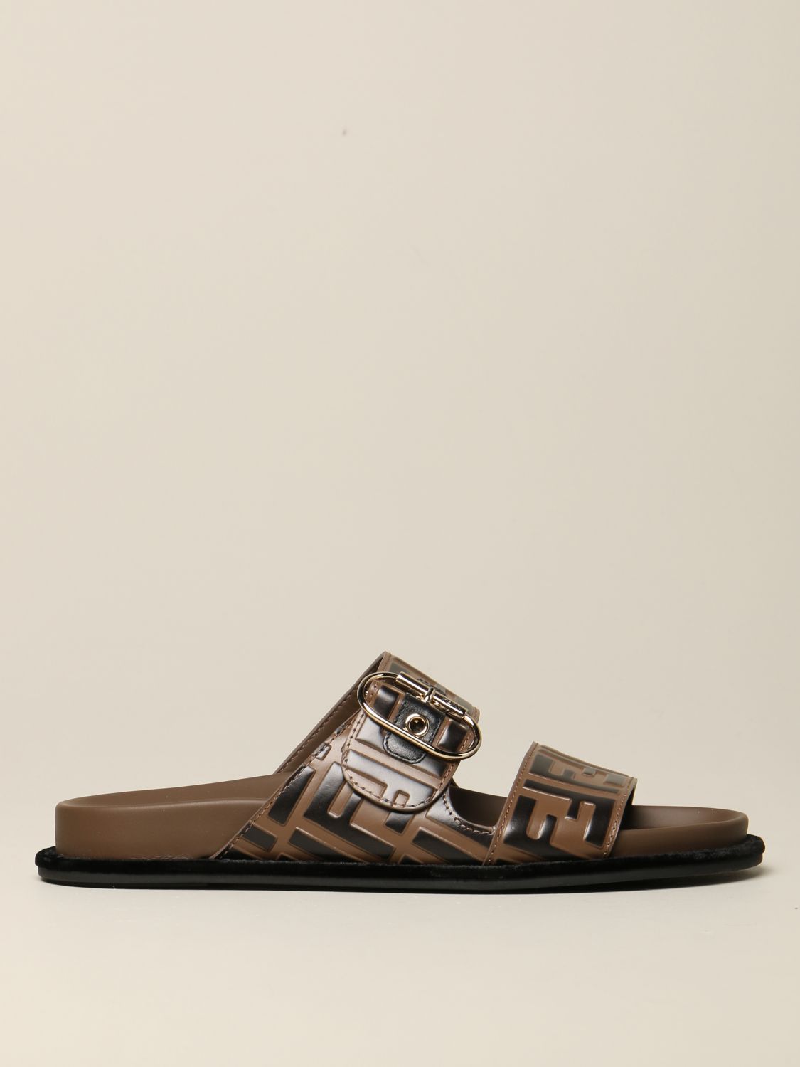 FENDI: leather sandal with FF monogram | Flat Sandals Fendi Women Brown ...