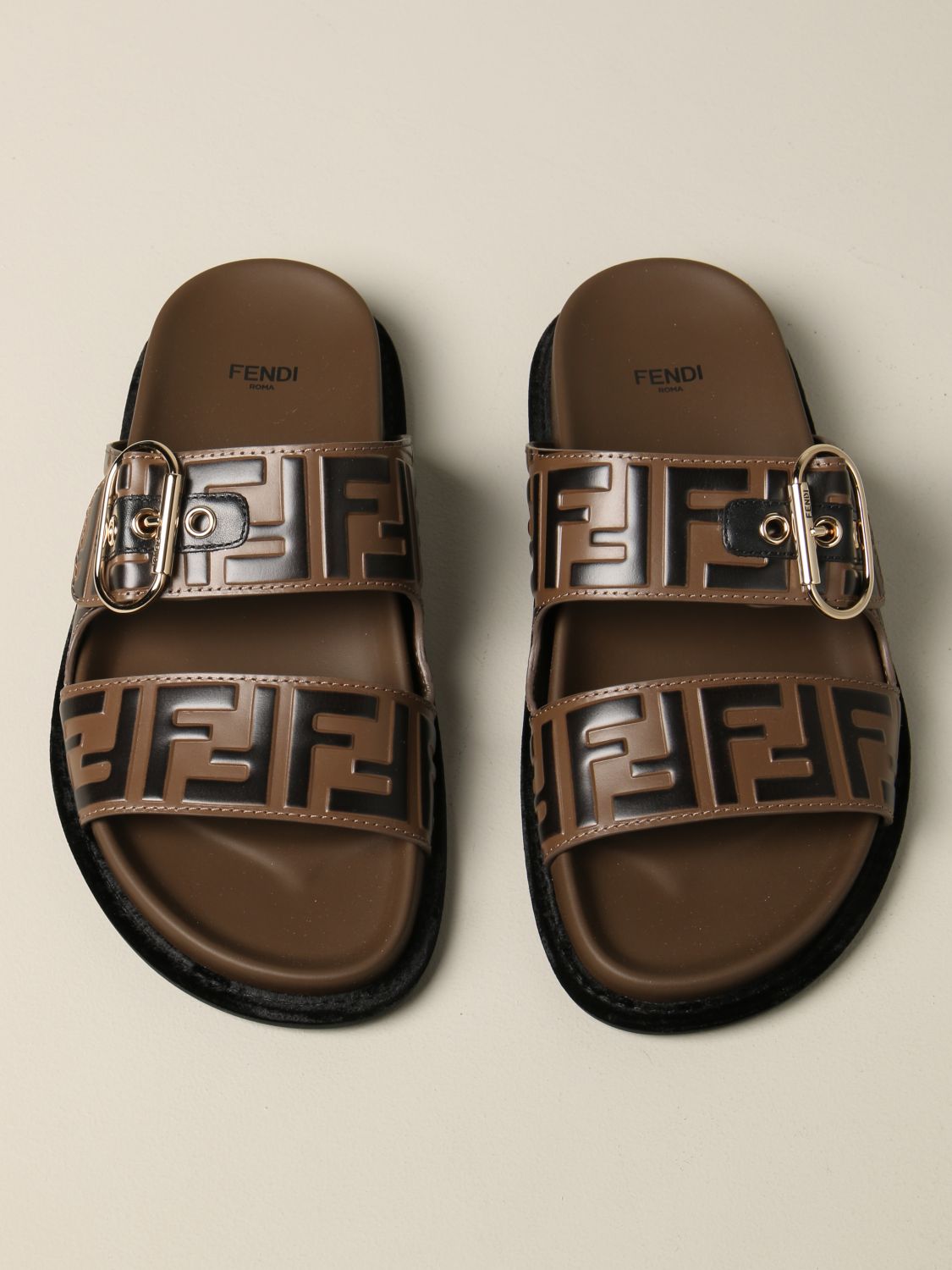 FENDI: leather sandal with FF monogram | Flat Sandals Fendi Women Brown ...