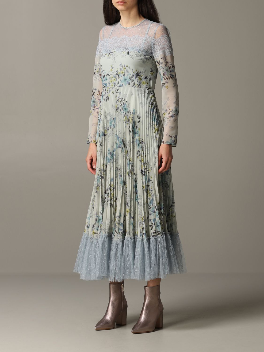 RED VALENTINO: Abito con stampa floreale e pizzo - Azzurro | Abito Red  Valentino TR3VAK40 4RU GIGLIO.COM