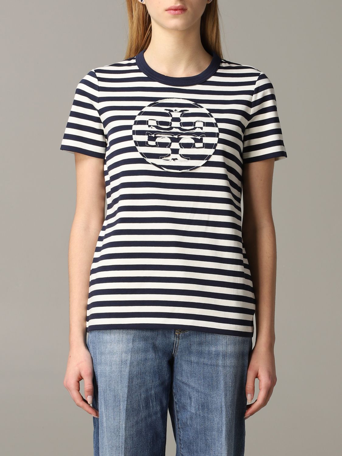Tory Burch Outlet: striped T-shirt with logo - Black | Tory Burch t-shirt  63871 online on 