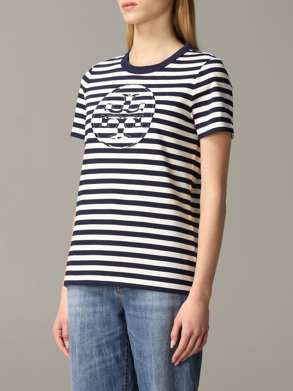 Tory Burch Outlet: striped T-shirt with logo - Black | Tory Burch t-shirt  63871 online on 