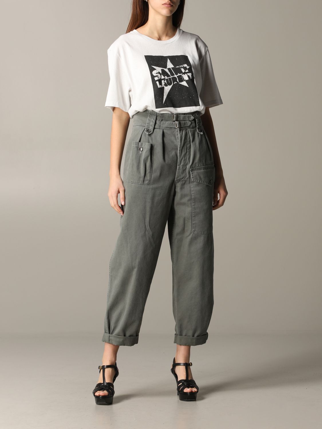 SAINT LAURENT: trousers with buckles - Green | Saint Laurent pants