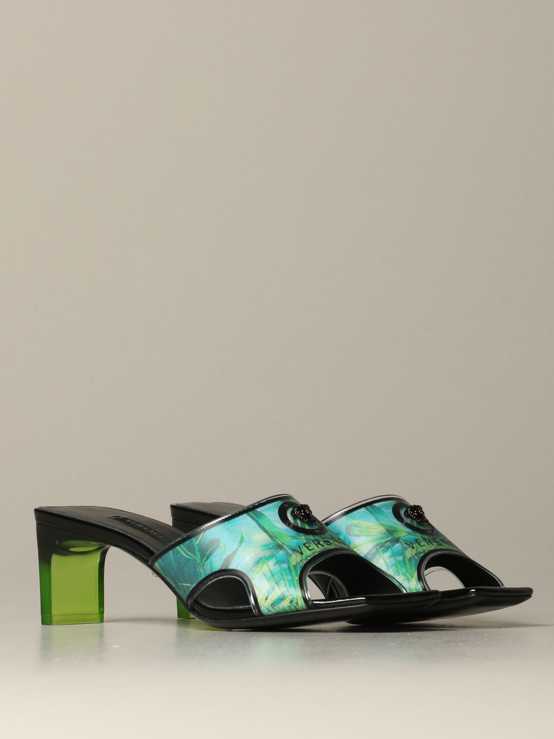 Versace Outlet Medusa Antheia sandal in pvc and jungle print leather