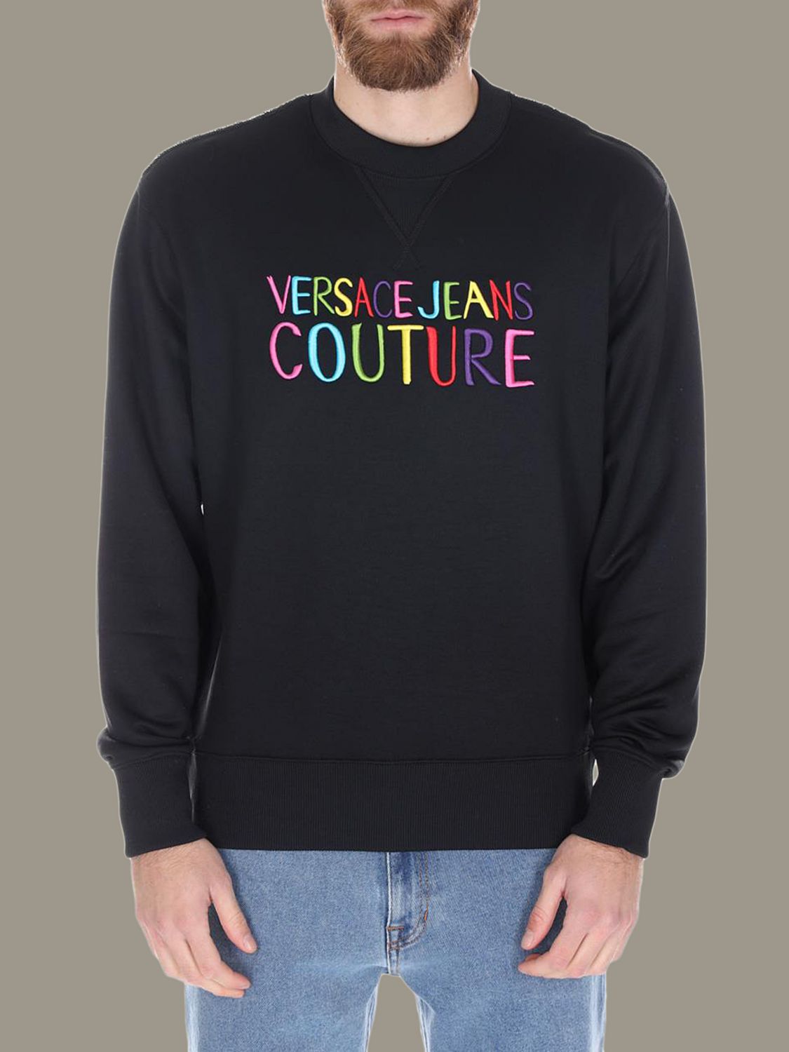 Versace Jeans Outlet: crewneck sweatshirt with logo - Black | Versace ...