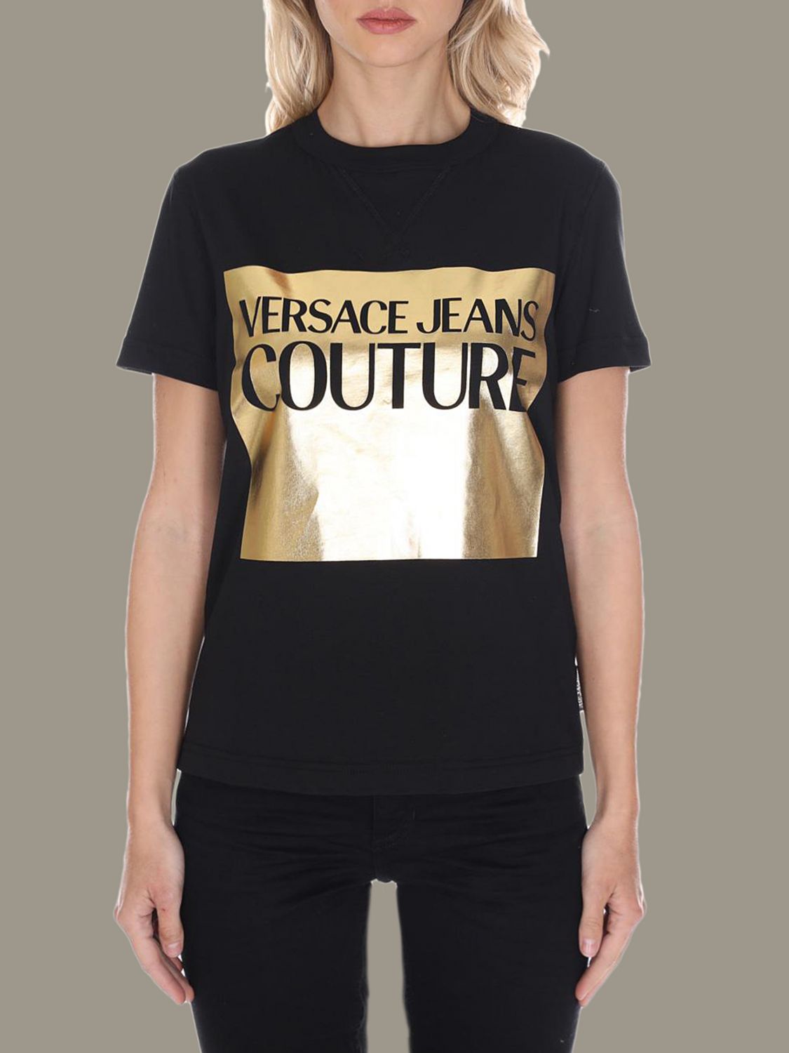 Versace Jeans Outlet: t-shirt with laminated print - Black | Versace ...