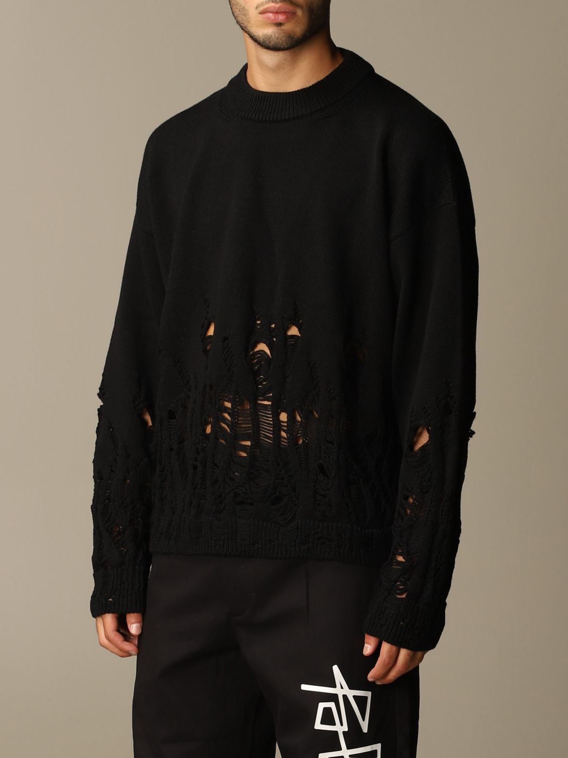 PALM ANGELS Maglia in lana vergine con rotture Nero Maglia Palm
