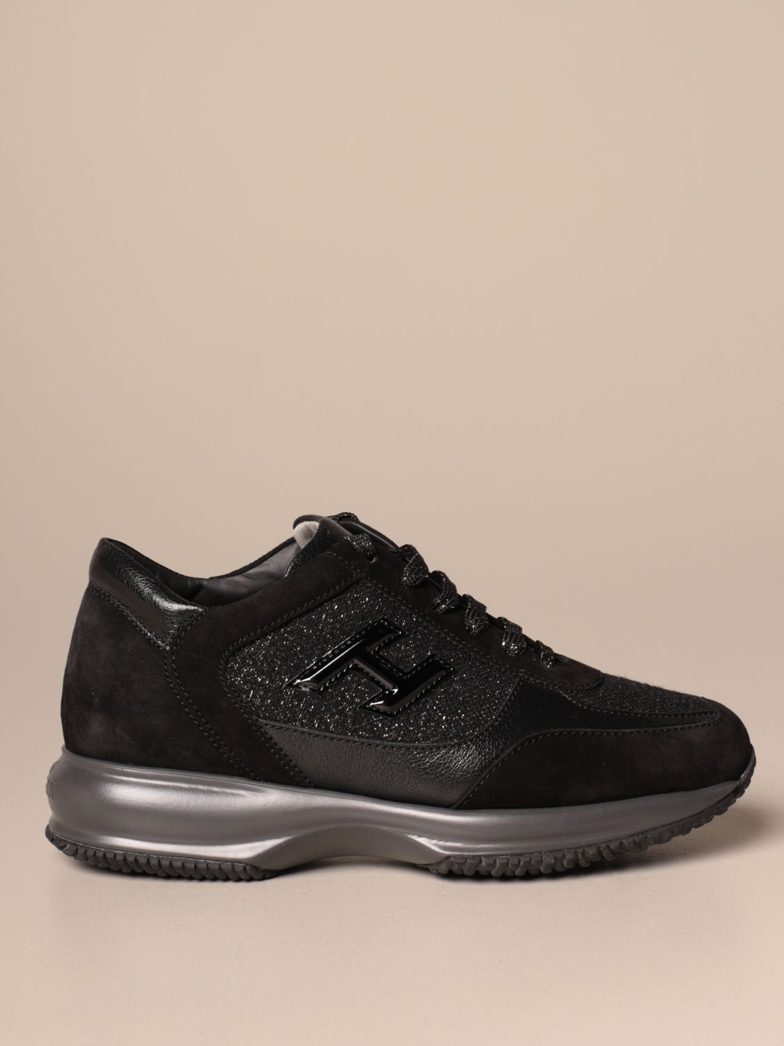 HOGAN: Interactive leather and lurex fabric sneakers with 3D H - Black ...