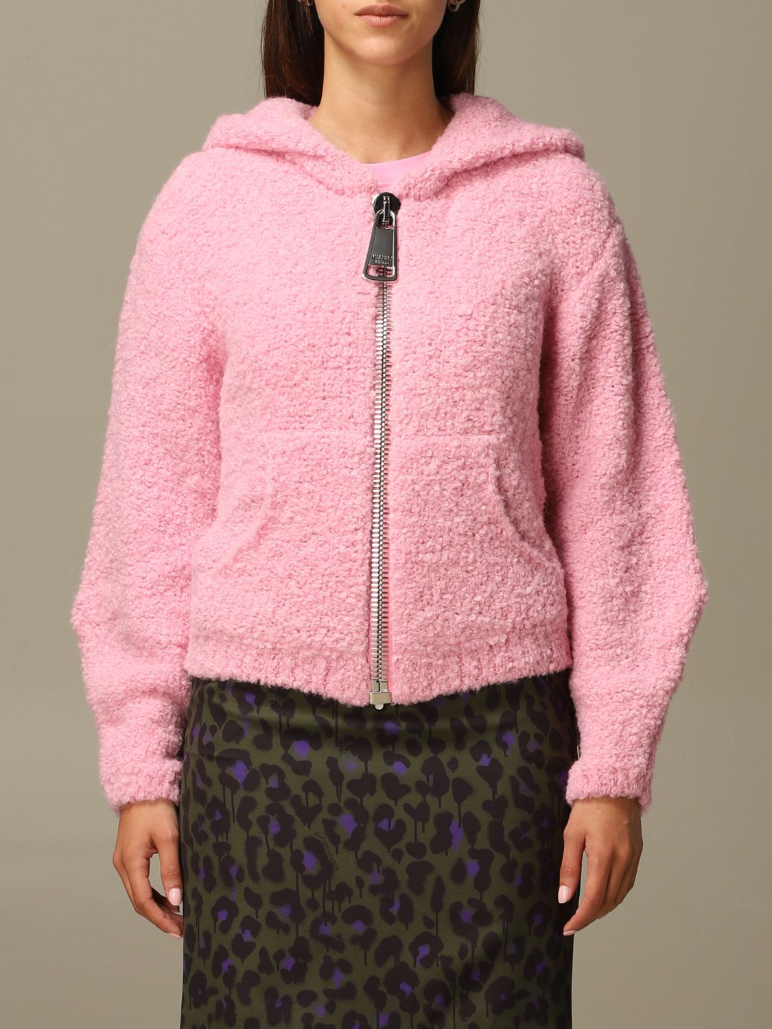 MOSCHINO COUTURE: hooded cardigan in bouclé with big zip - Pink