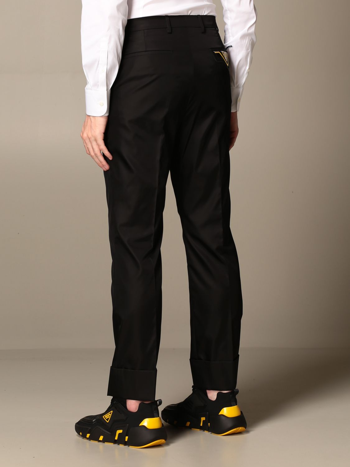 PRADA: nylon trousers with rubber logo - Black | Pants Prada UP01221 ...