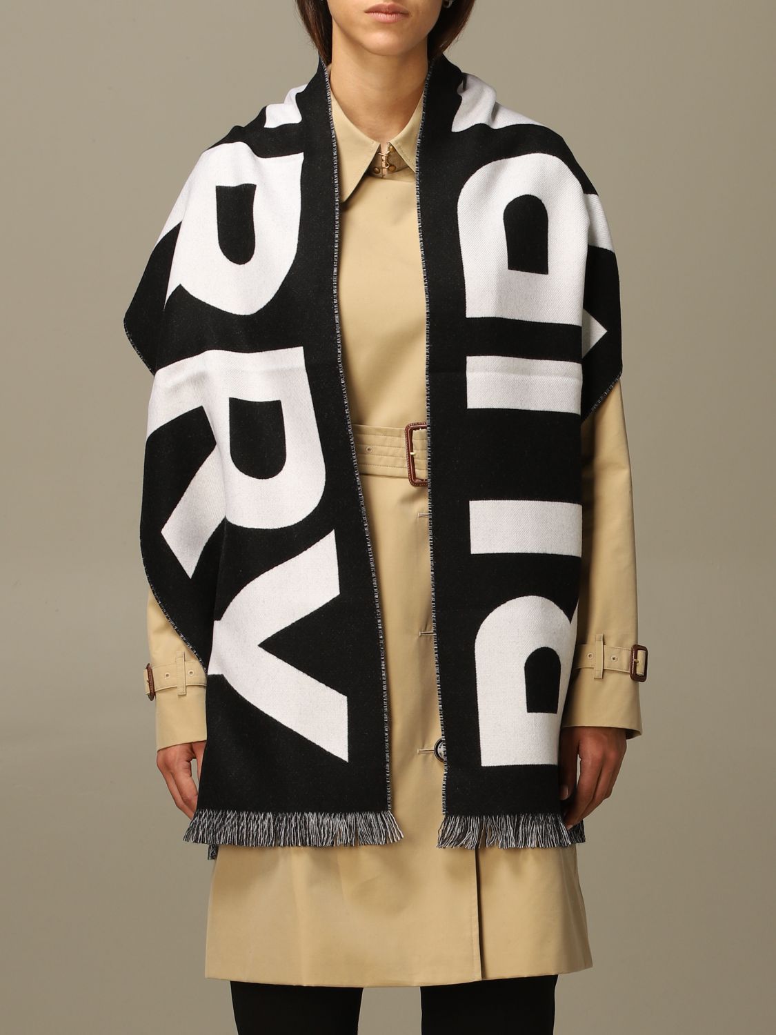 BURBERRY: wool with big logo - Black | Burberry scarf 8025557 online at GIGLIO.COM