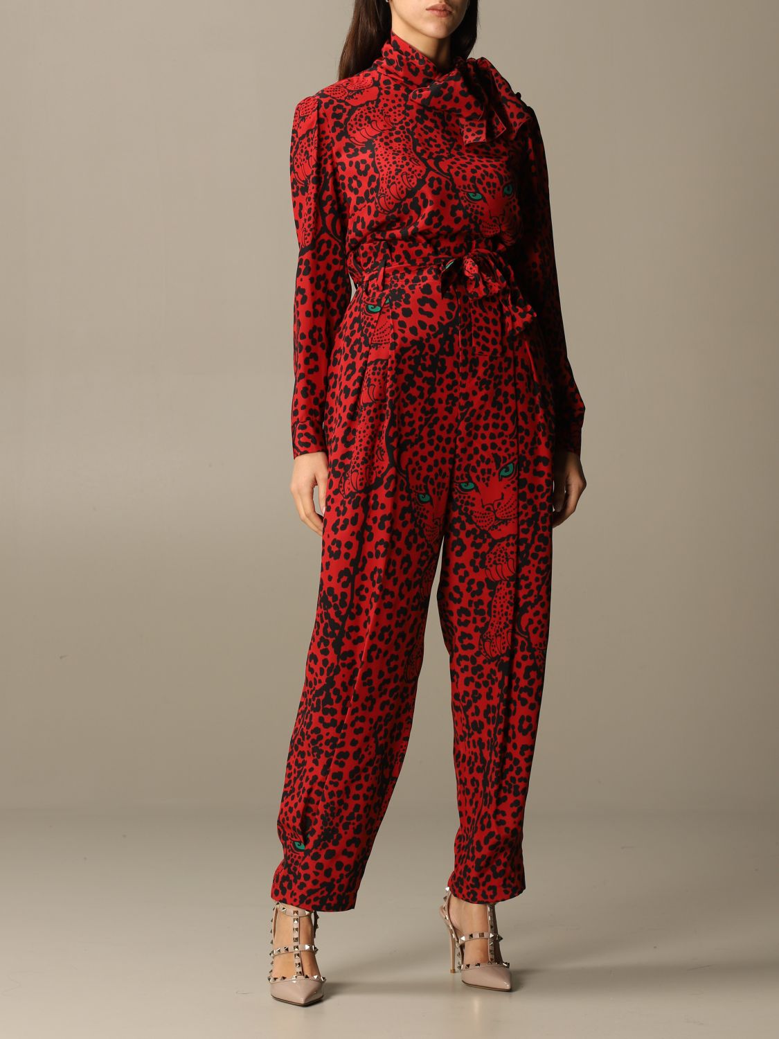 Red Valentino Outlet Silk Trousers With Leo Panther Print Red Red Valentino Pants Ur3rbc95 2115