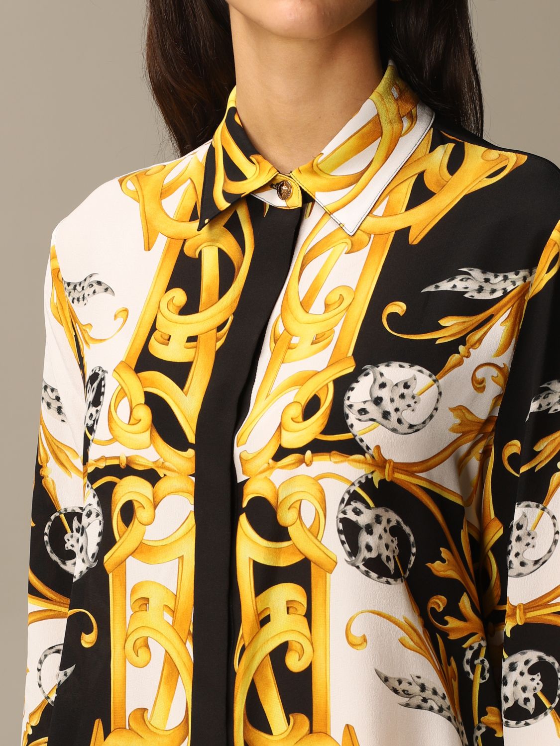 VERSACE: silk shirt with baroque print - Gold | Shirt Versace A82662 ...