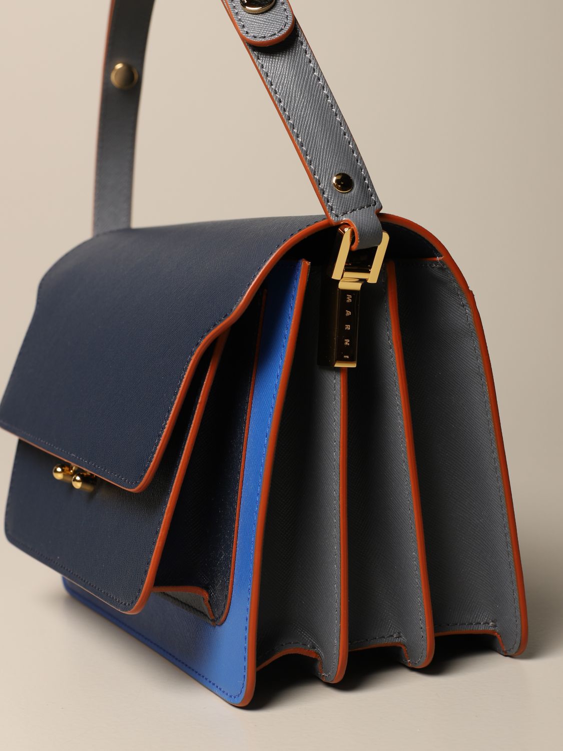MARNI: Trunk shoulder bag in bicolor saffiano leather - Blue 1 | Marni