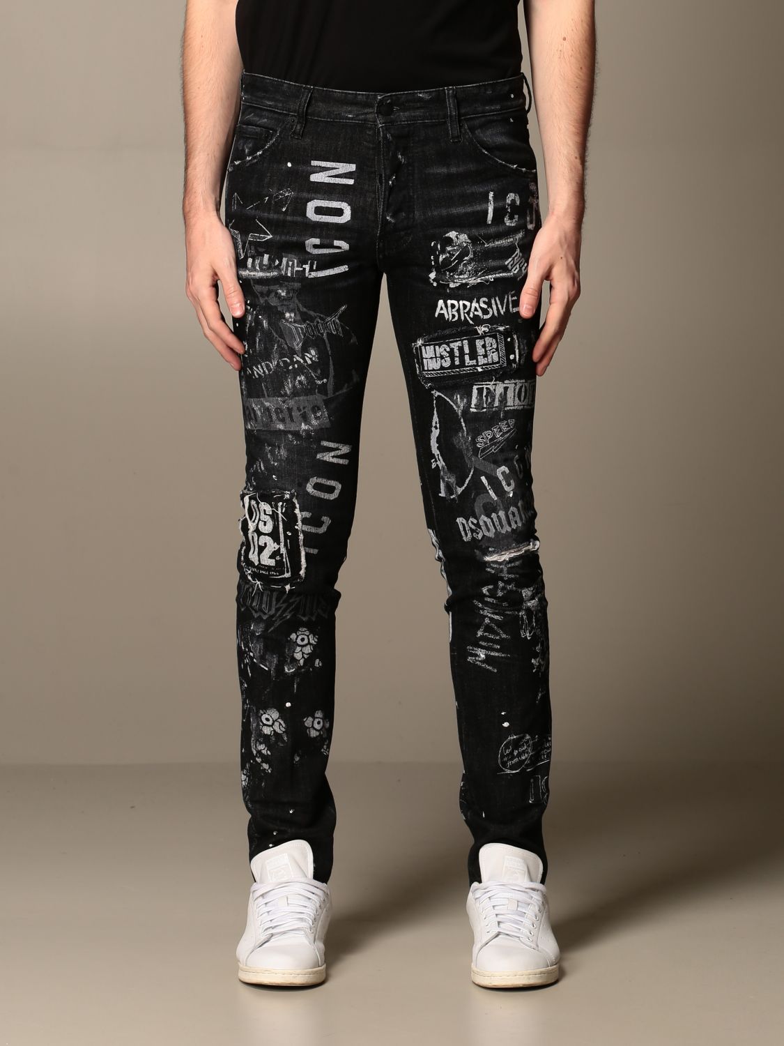 DSQUARED2: jeans in denim with all over multi prints - Black 