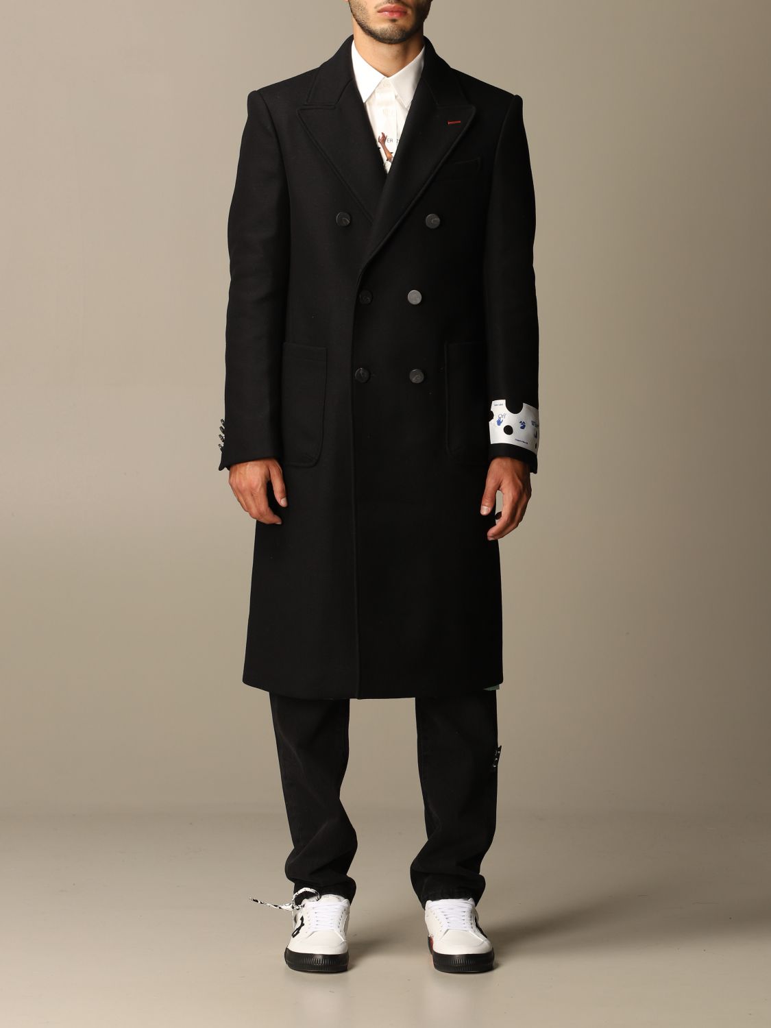 double-breasted coat in printed virgin wool | Coat Off White Men Black Coat Off White GIGLIO.COM