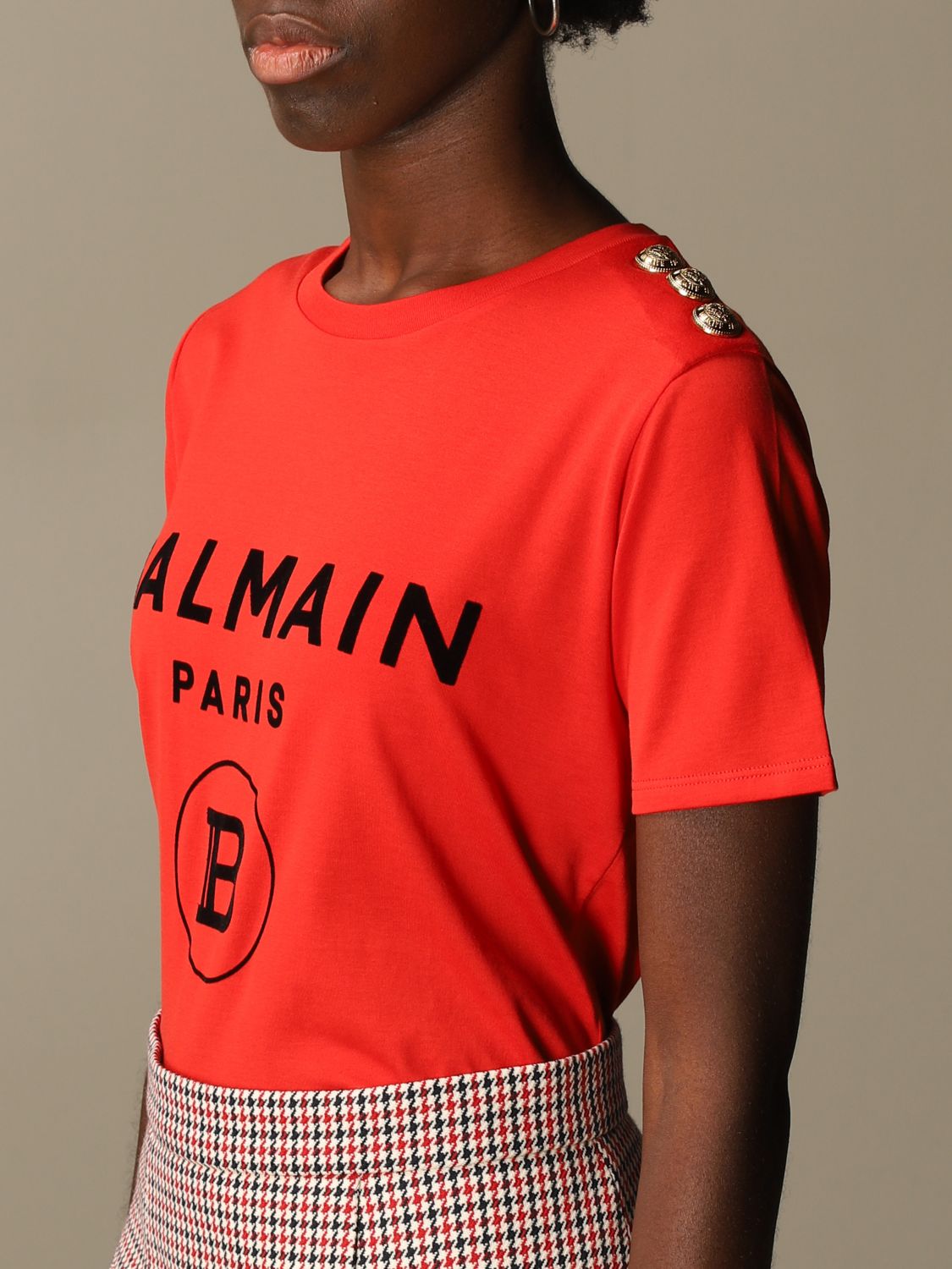 BALMAIN: T-shirt with logo and buttons | T-Shirt Balmain Women Red | T ...