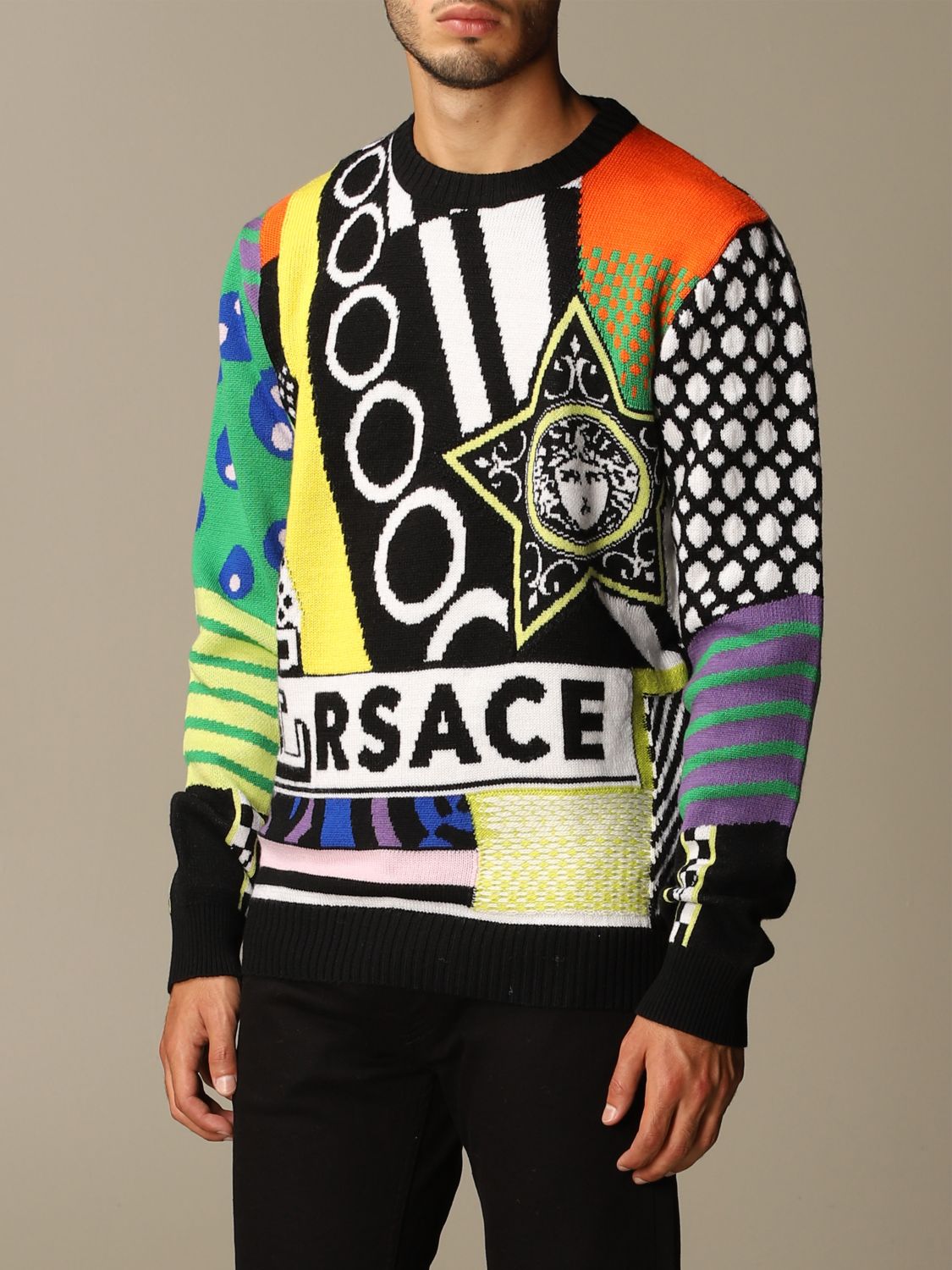 VERSACE: wool pullover with multicolor jacquard logo | Sweater Versace ...