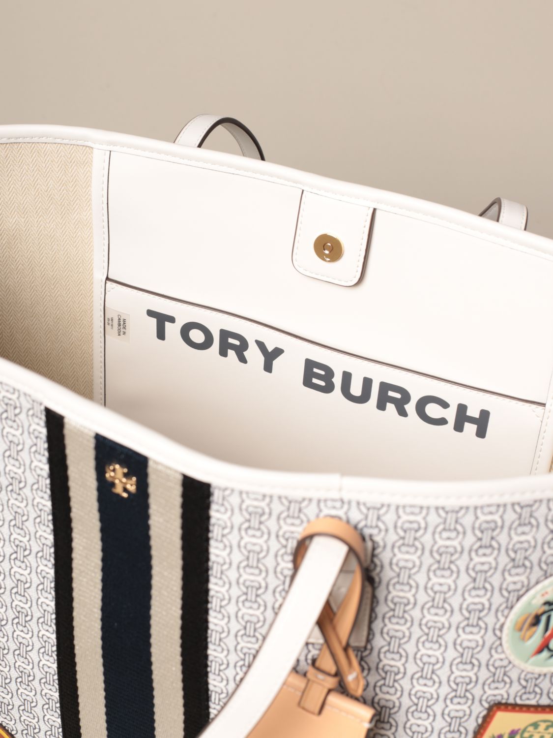 Tory Burch Gemini Link Coated Canvas Tote Bag Ivory Satchel Purse