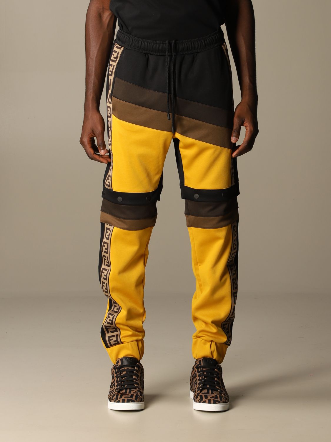 FENDI: jogging trousers with bands and FF logo - Black | Fendi pants ...