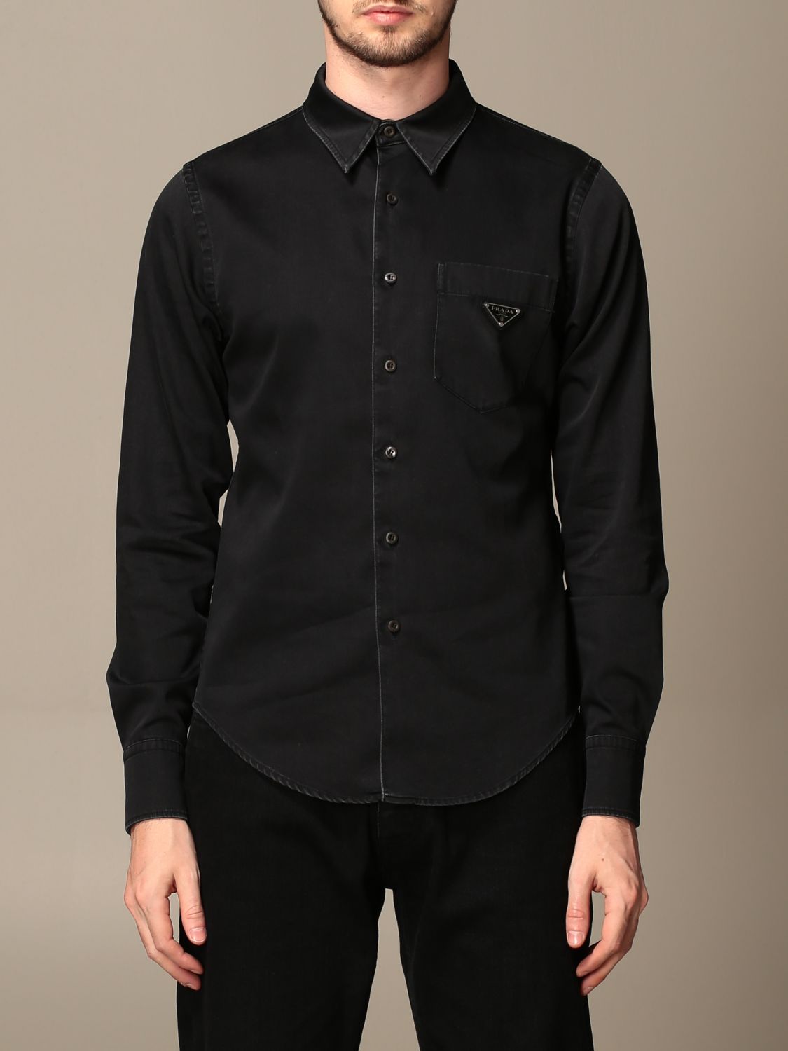 PRADA: shirt with triangular logo - Black | Prada shirt GEC063 1T7L online  on 
