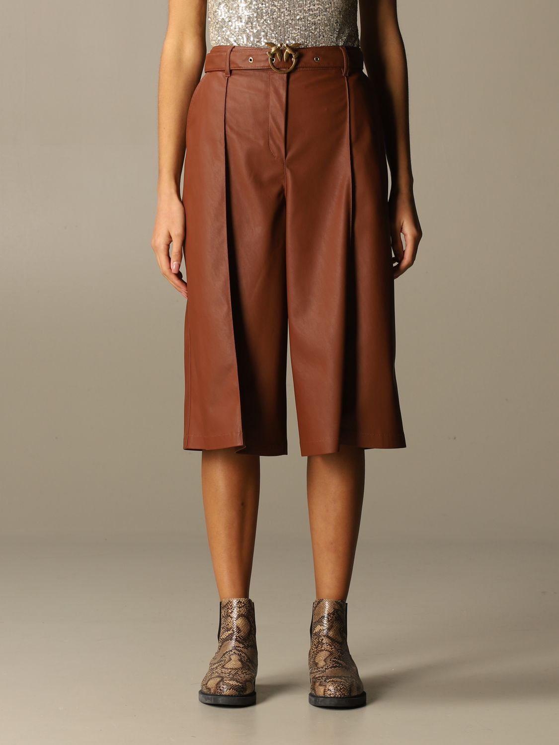 PINKO: Bermuda with Love Birds belt - Brown | Short Pinko 1G152A-Y6BE CYNAR  1L96 GIGLIO.COM