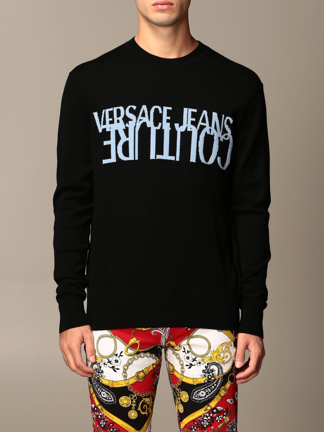 Versace Jeans Couture Crewneck Sweater With Jacquard Logo Black Versace Jeans Couture