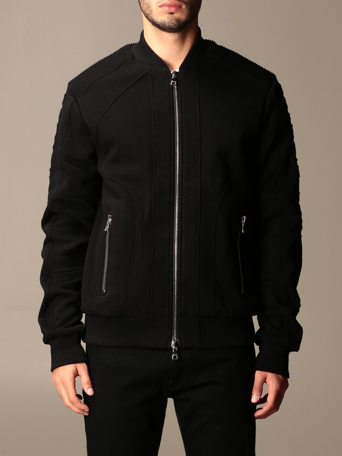 BALMAIN: cotton bomber with logo - Black | Balmain jacket UH18809I339 online on GIGLIO.COM