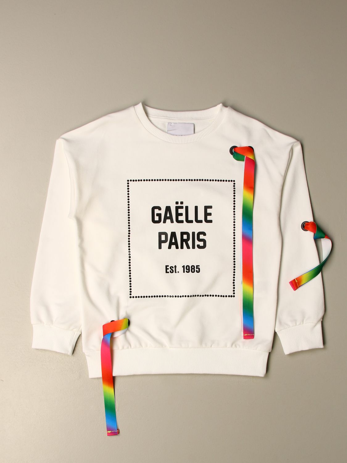 Maglia a girocollo GaËlle Paris con nastri multicolor | Maglia Gaëlle Paris  Bambino Bianco | Maglia Gaëlle Paris 2741F0150 Giglio IT