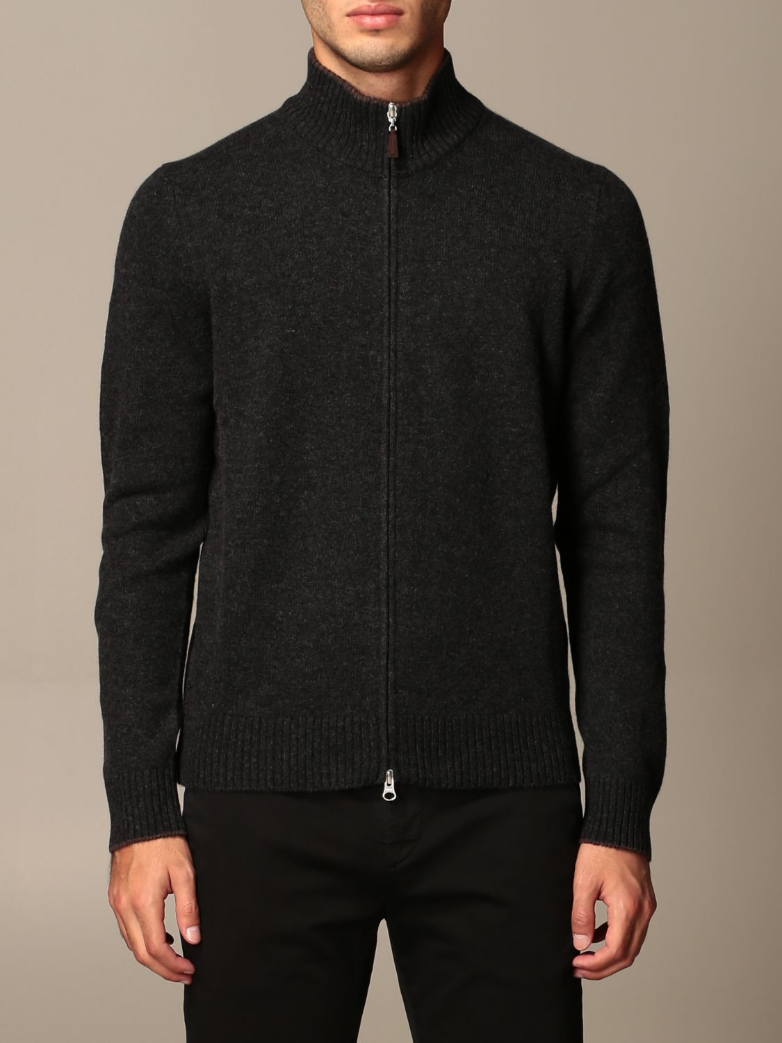 GRAN SASSO: cashmere cardigan with zip and patches - Charcoal | Gran ...