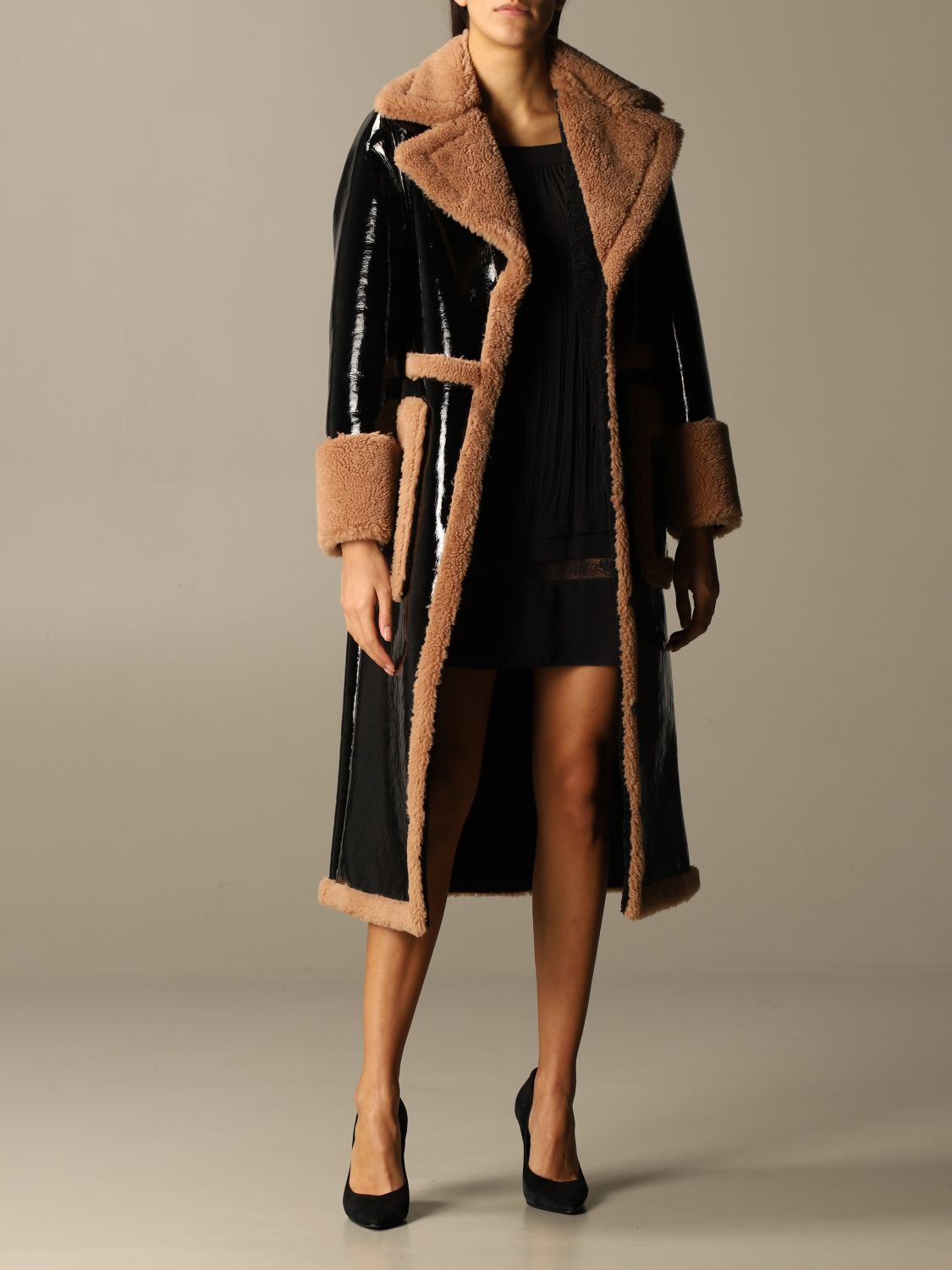 STAND long coat in vinyl with fur edges Brown Stand coat 61067