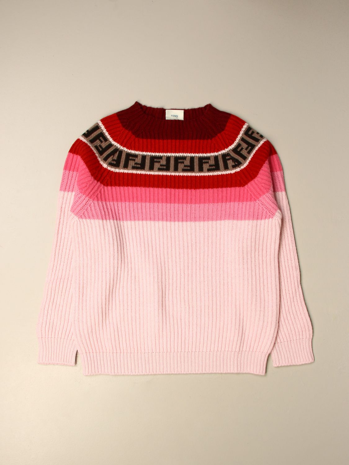 FENDI: crewneck pullover in ribbed cotton - Pink | Fendi sweater JUG005 ...