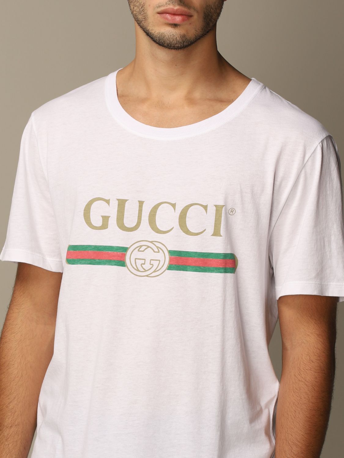 T-shirt Gucci in cotone con logo vintage | T-Shirt Gucci Uomo Bianco | T-Shirt  Gucci 440103 X3F05 Giglio IT