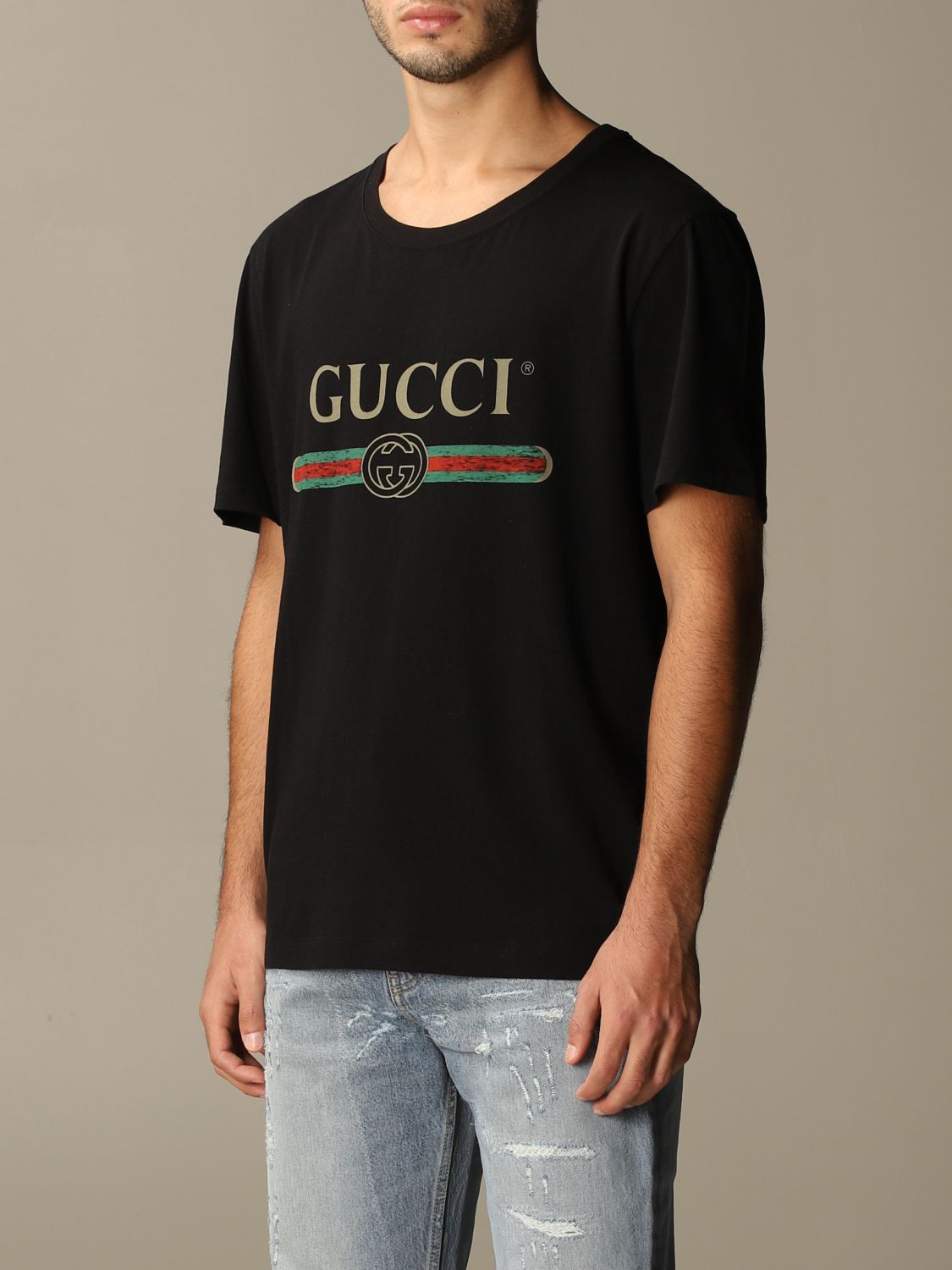 GUCCI: cotton t-shirt with vintage logo | T-Shirt Gucci Men Black | T ...