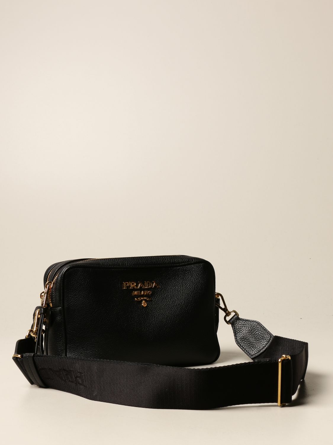 PRADA: camera bag in grained leather - Black  Prada crossbody bags 1BH082  2BBE online at
