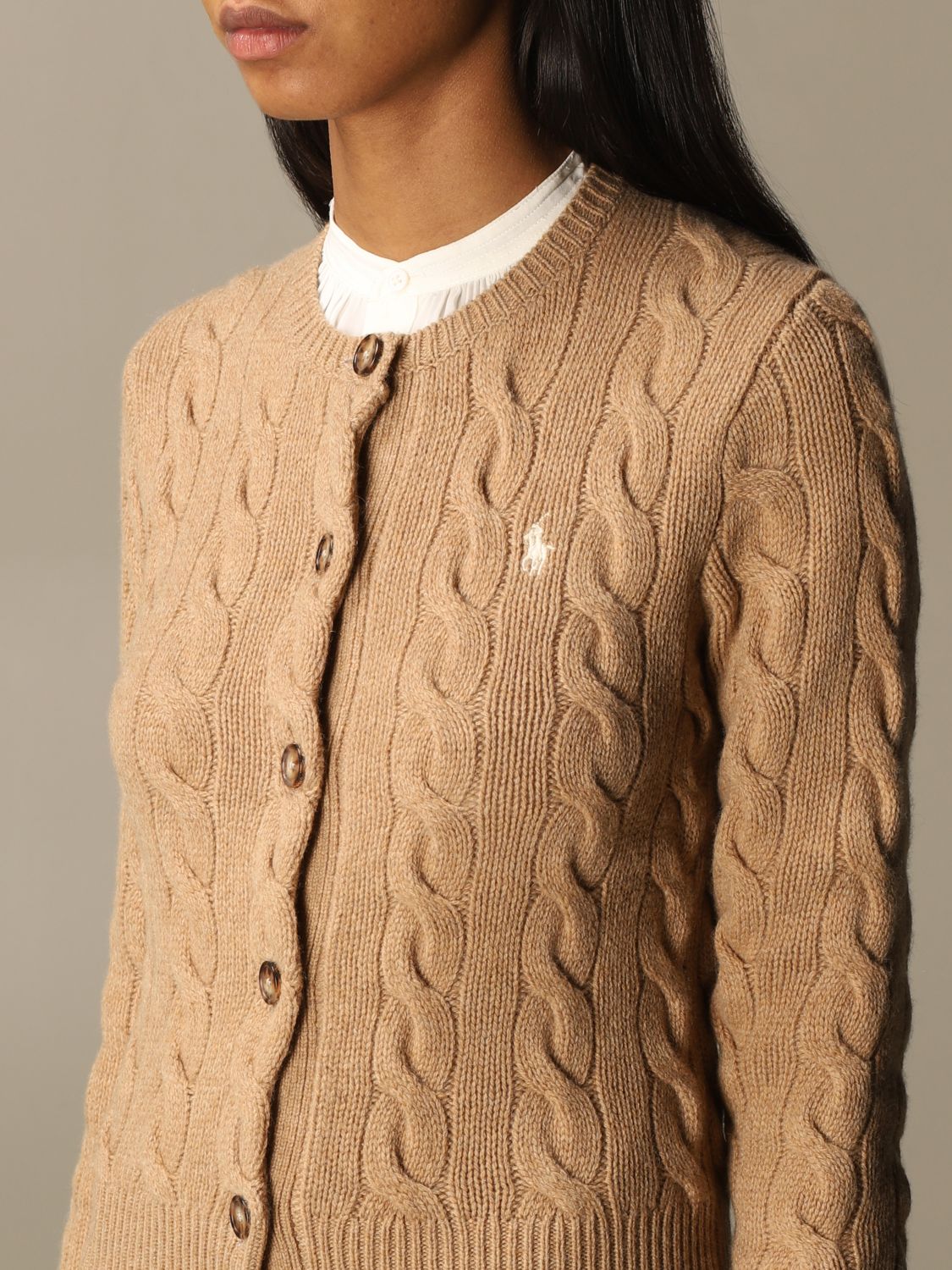 POLO RALPH LAUREN: cable cardigan in wool and cashmere - Camel | Polo Ralph  Lauren sweater 211801493 online on 