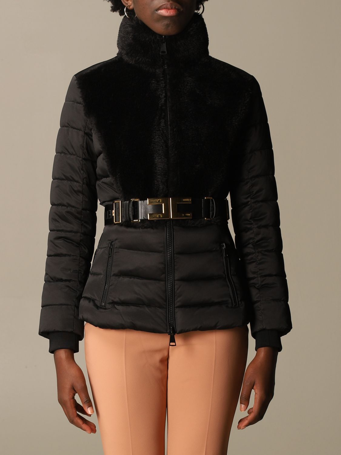 ELISABETTA FRANCHI: down jacket with fur and belt - Black | Elisabetta ...