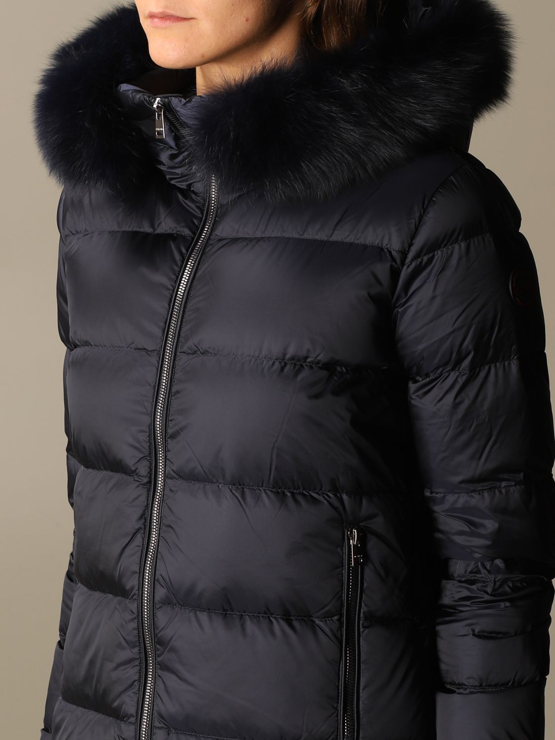 MUSEUM: down jacket with hood and fur edges - Blue | Museum jacket ...