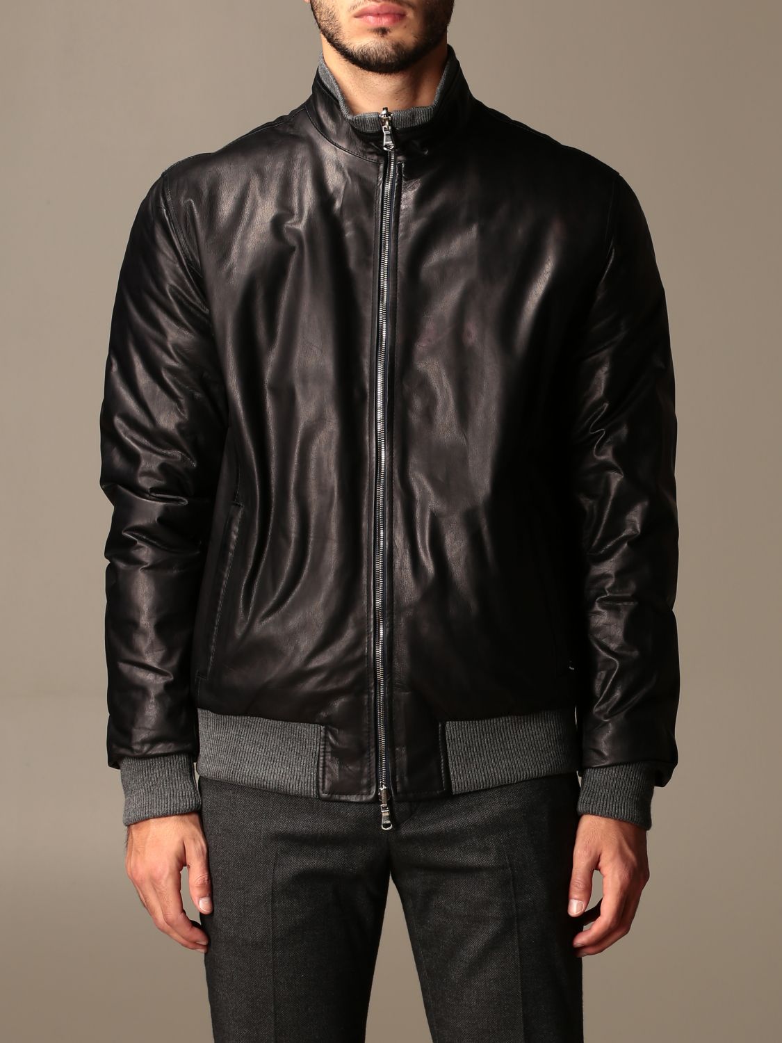 Barba Napoli Outlet: leather bomber jacket with zip - Blue | Barba ...