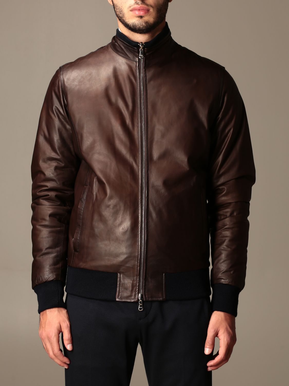 Barba Napoli Outlet: leather bomber jacket with zip - Dark | Jacket Barba  Napoli FOXREVLT400P GIGLIO.COM