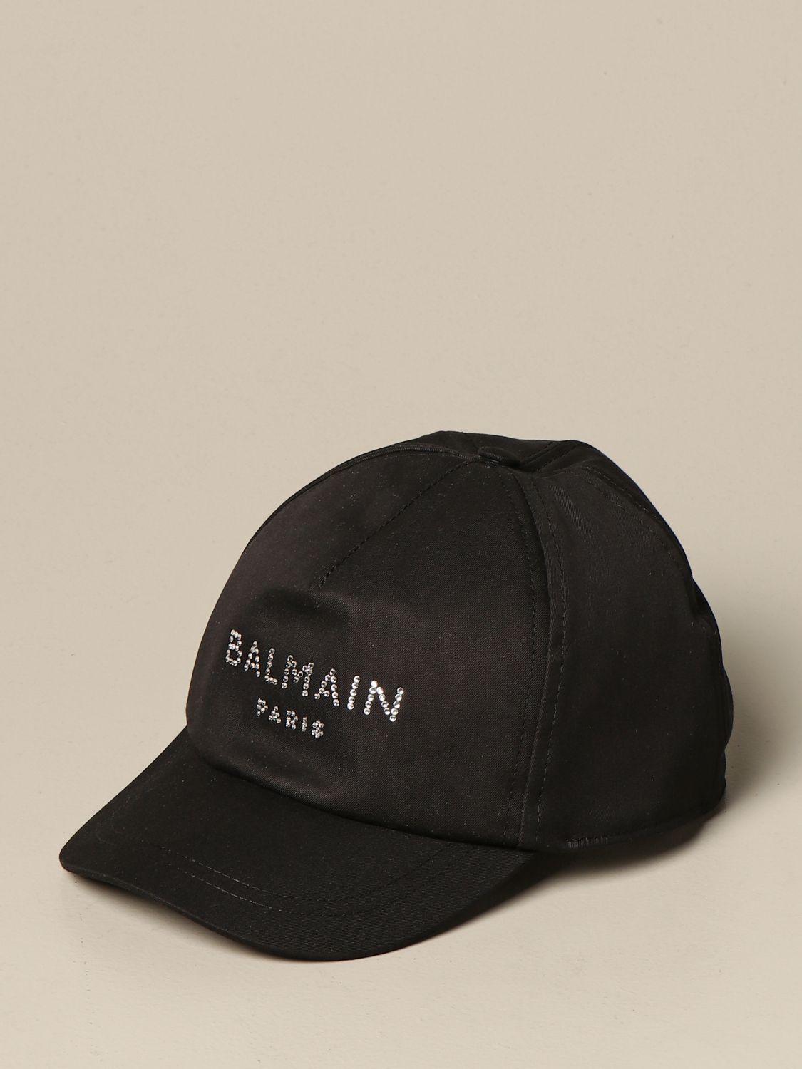 BALMAIN: hat in cotton with rhinestone logo - Black | Balmain girls ...
