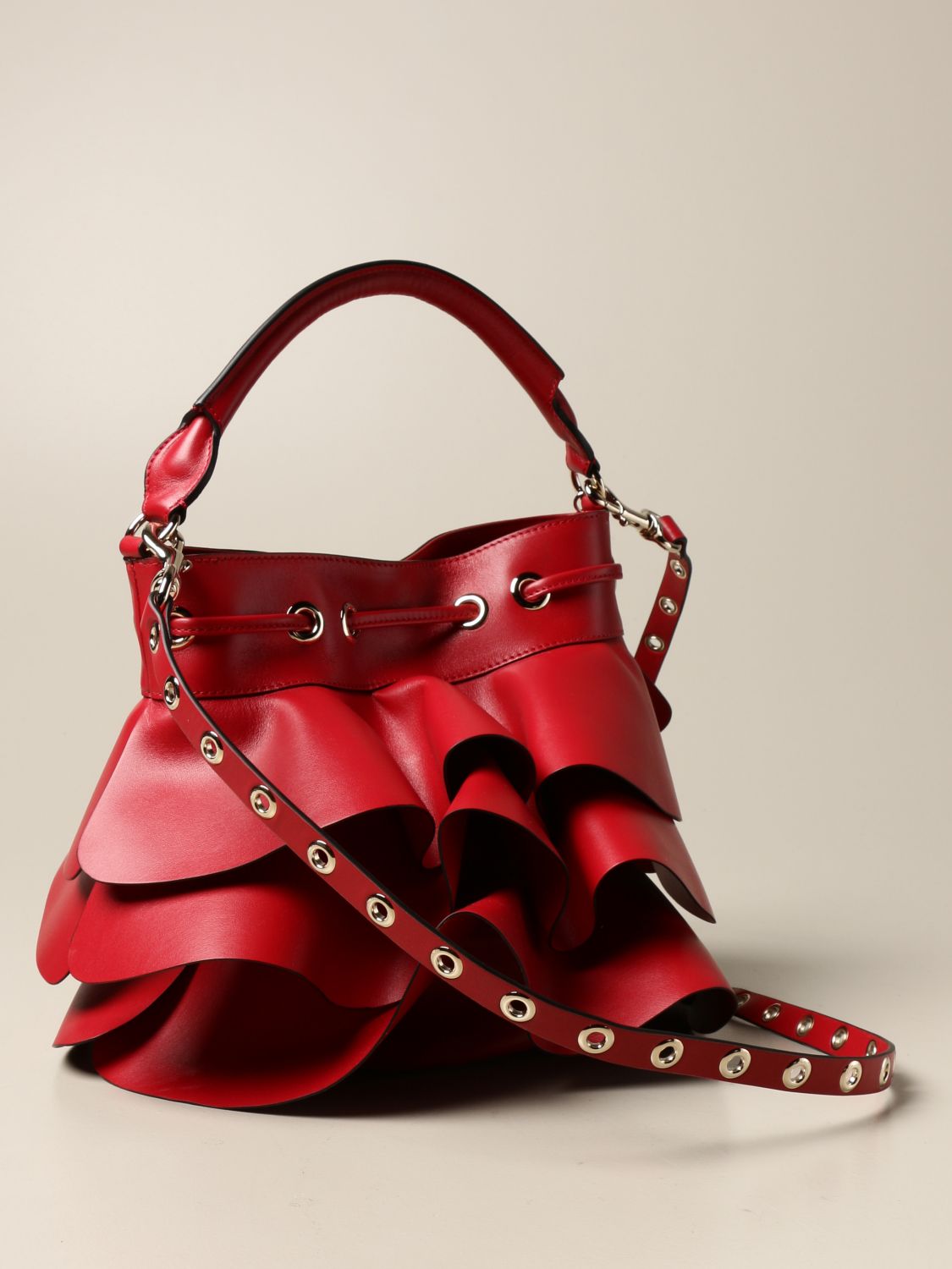 RED Valentino Flame Red Leather Ruffle Small Shoulder Bag at