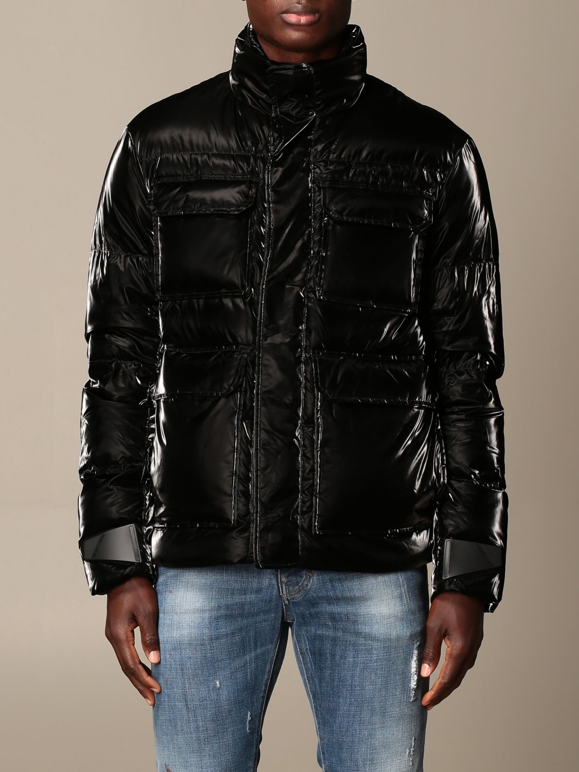 EMPORIO ARMANI: down jacket in shiny nylon with logo - Black | Emporio Armani jacket 6H1BF6 1NLTZ online