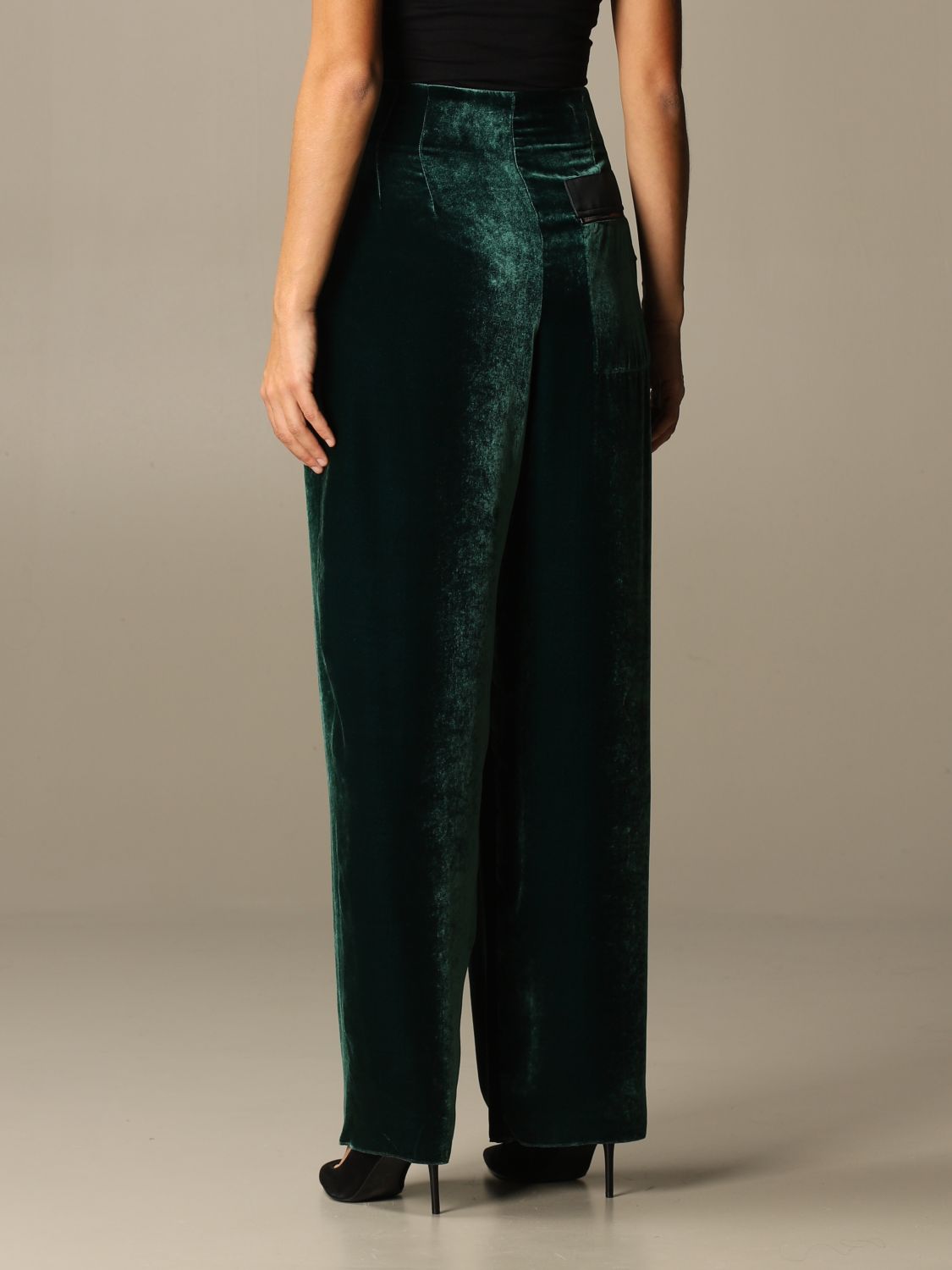 EMPORIO ARMANI: Wide trousers in velvet - Green | Emporio Armani pants  9NP23T 92822 online on 