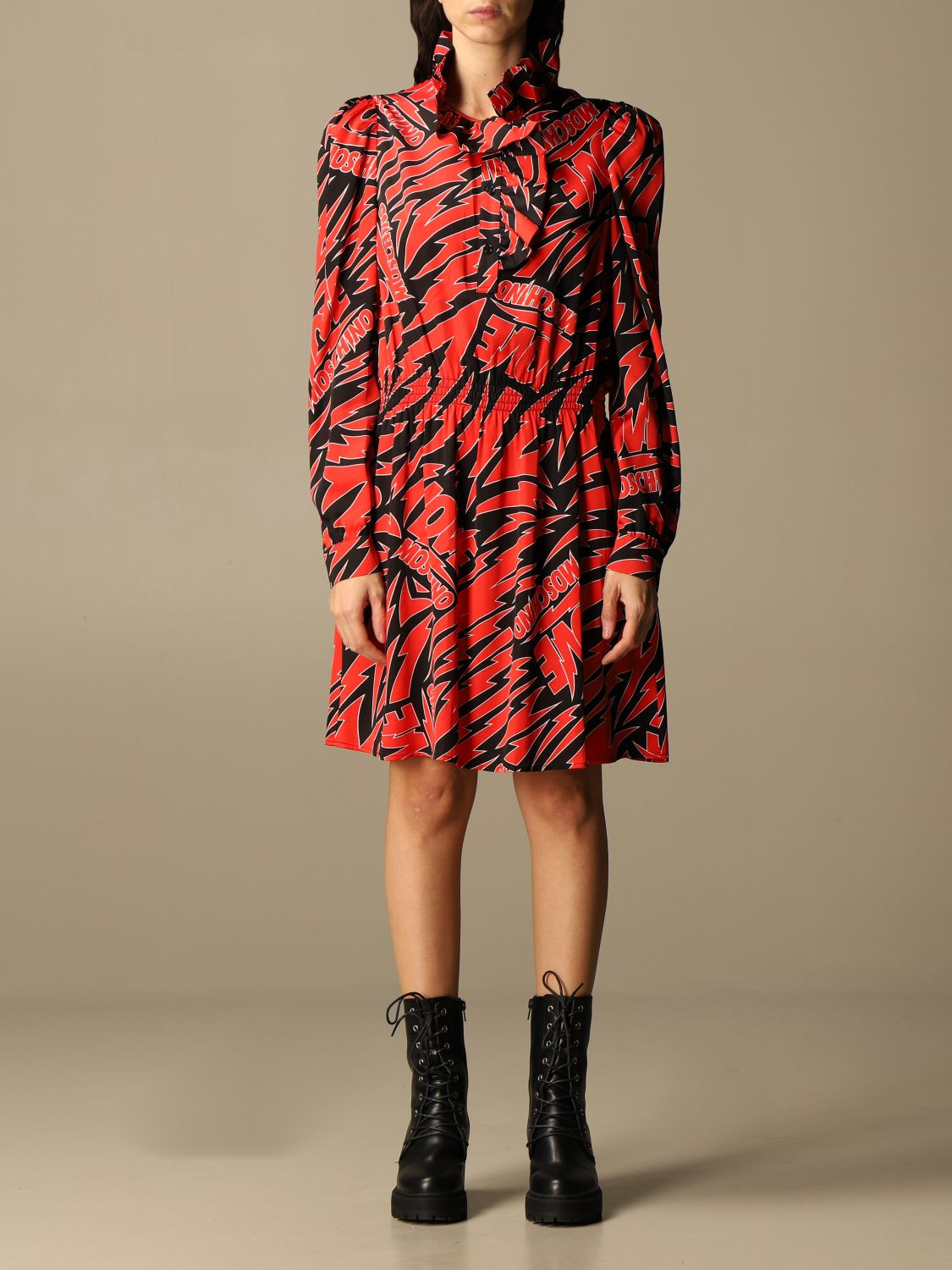 LOVE MOSCHINO: short dress with lightning pattern - Red | Love Moschino ...