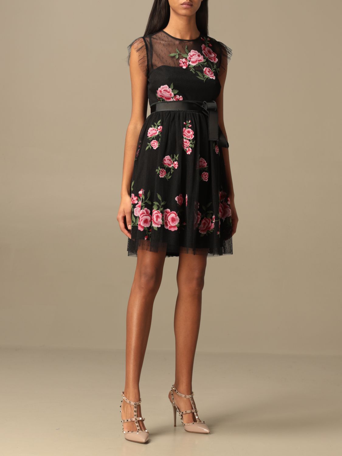 Red Valentino short dress in tulle with floral embroidery